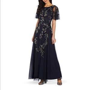 ADRIANNA PAPELL Navy Sequined V-back Flutter Sleeve Full-Length Formal D…